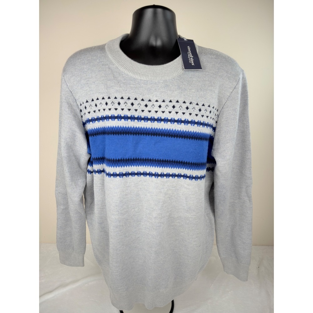 Vineyard Vines Mens Merino Wool OTG Ski Fairisle Crew Sweater Gray Large New